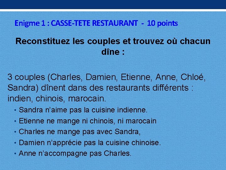 Enigme 1 : CASSE-TETE RESTAURANT - 10 points Reconstituez les couples et trouvez où