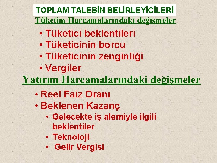 TOPLAM TALEBİN BELİRLEYİCİLERİ Tüketim Harcamalarındaki değişmeler • Tüketici beklentileri • Tüketicinin borcu • Tüketicinin