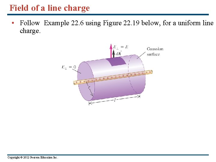 Field of a line charge • Follow Example 22. 6 using Figure 22. 19