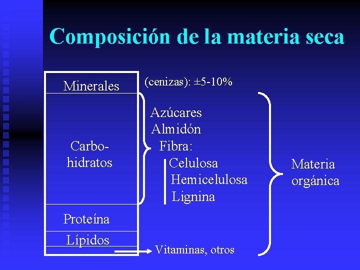 Composición de la materia seca Minerales Carbohidratos Proteína Lípidos (cenizas): ± 5 -10% Azúcares