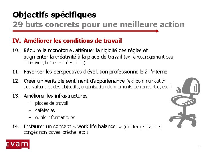 Objectifs spécifiques 29 buts concrets pour une meilleure action IV. Améliorer les conditions de