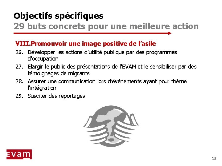 Objectifs spécifiques 29 buts concrets pour une meilleure action VIII. Promouvoir une image positive