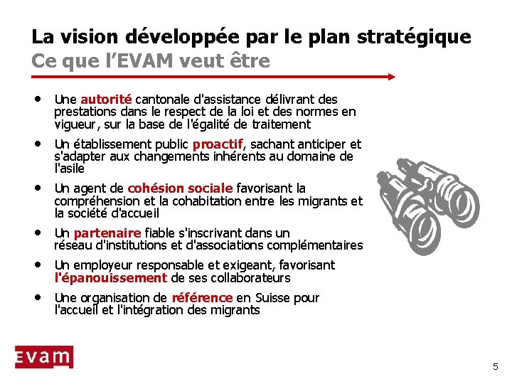 La vision développée par le plan stratégique Ce que l’EVAM veut être • Une