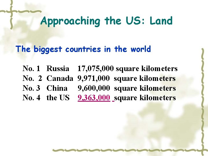 Approaching the US: Land The biggest countries in the world No. 1 Russia 17,