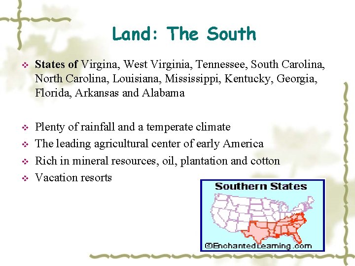 Land: The South v States of Virgina, West Virginia, Tennessee, South Carolina, North Carolina,