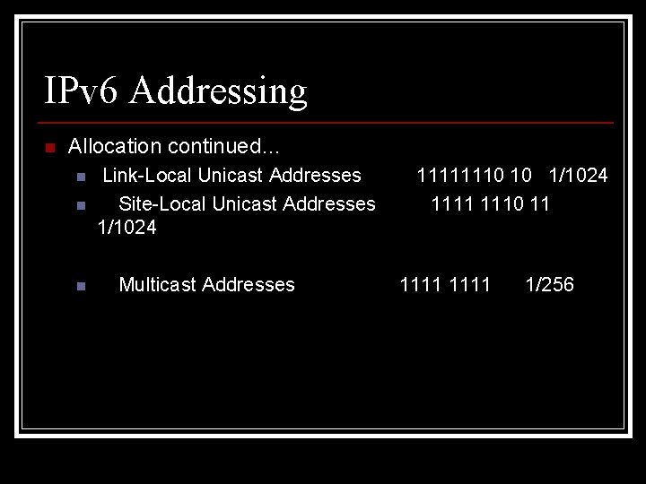 IPv 6 Addressing n Allocation continued… n n n Link-Local Unicast Addresses Site-Local Unicast