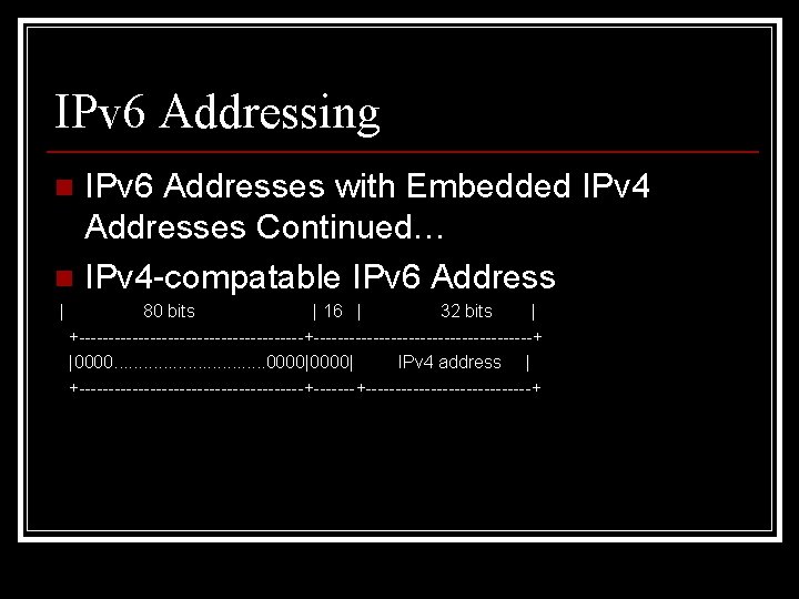 IPv 6 Addressing IPv 6 Addresses with Embedded IPv 4 Addresses Continued… n IPv