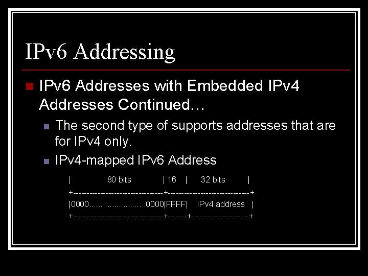 IPv 6 Addressing n IPv 6 Addresses with Embedded IPv 4 Addresses Continued… n