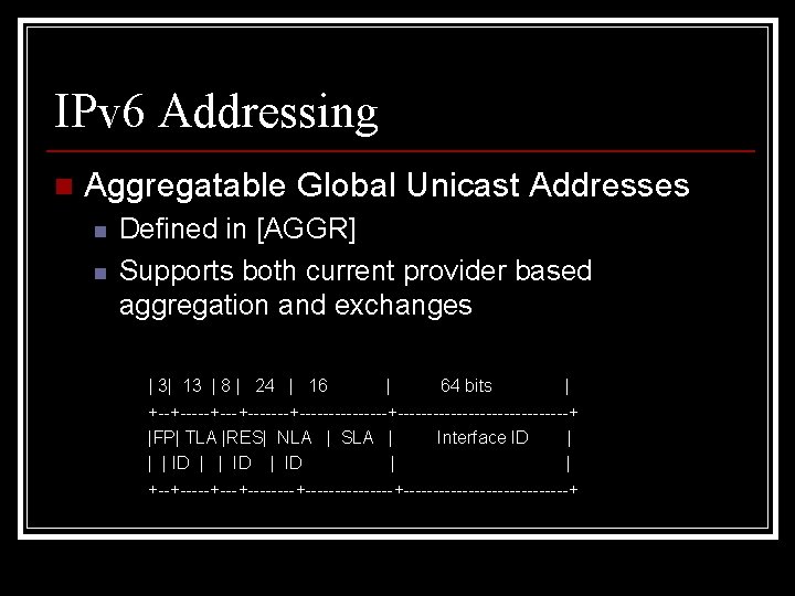 IPv 6 Addressing n Aggregatable Global Unicast Addresses n n Defined in [AGGR] Supports