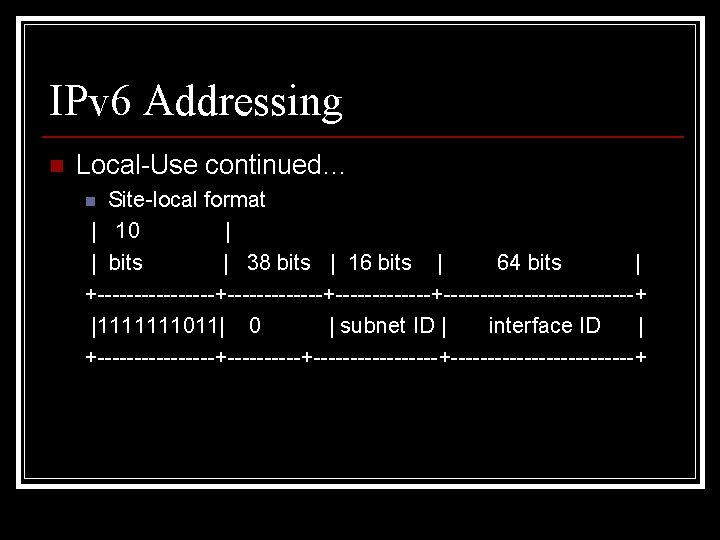 IPv 6 Addressing n Local-Use continued… Site-local format | 10 | | bits |