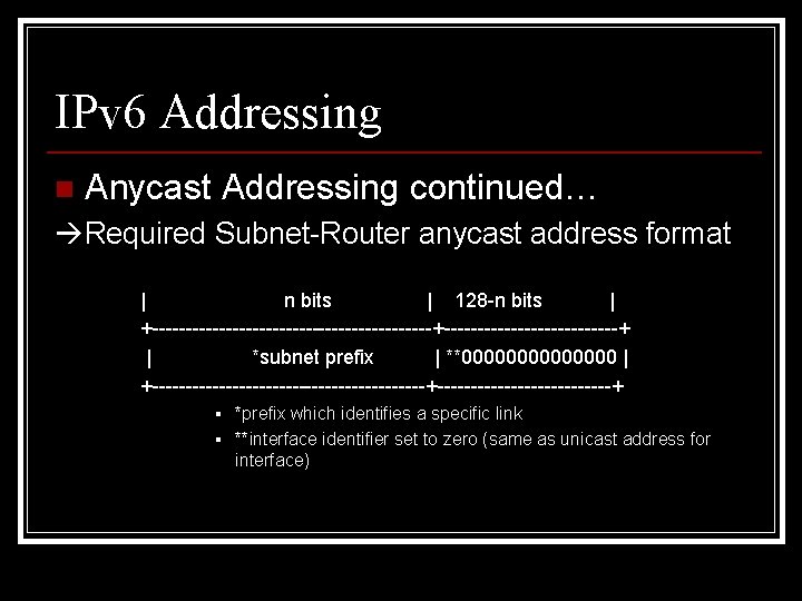 IPv 6 Addressing n Anycast Addressing continued… Required Subnet-Router anycast address format | n