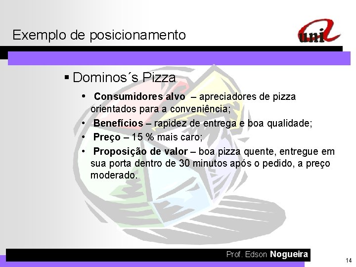 Exemplo de posicionamento § Dominos´s Pizza • Consumidores alvo – apreciadores de pizza orientados