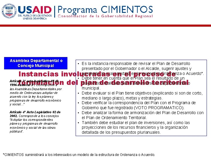 Asamblea Departamental o Concejo Municipal • Es la instancia responsable de revisar el Plan