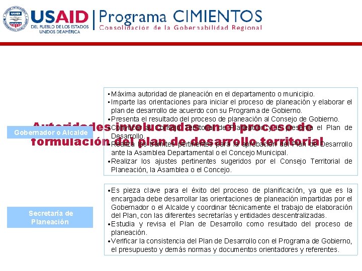 Gobernador o Alcalde • Máxima autoridad de planeación en el departamento o municipio. •