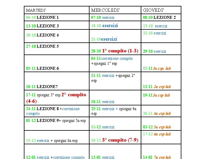 MARTEDI’ MERCOLEDI’ GIOVEDI’ 06 -10 LEZIONE 1 07 -10 esercizi 08 -10 LEZIONE 2