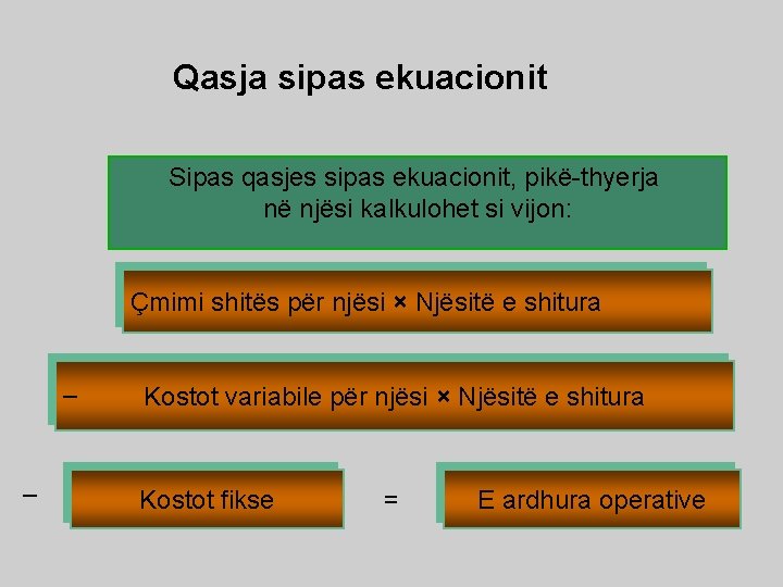 Qasja sipas ekuacionit Sipas qasjes sipas ekuacionit, pikë-thyerja në njësi kalkulohet si vijon: Çmimi