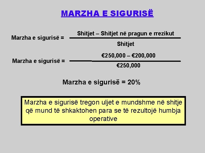 MARZHA E SIGURISË Marzha e sigurisë = Shitjet – Shitjet në pragun e rrezikut