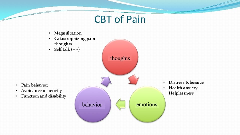 CBT of Pain • Magnification • Catastrophizing pain thoughts • Self talk (+ -)