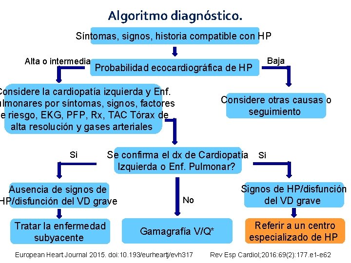 Algoritmo diagnóstico. Síntomas, signos, historia compatible con HP Alta o intermedia Probabilidad ecocardiográfica de