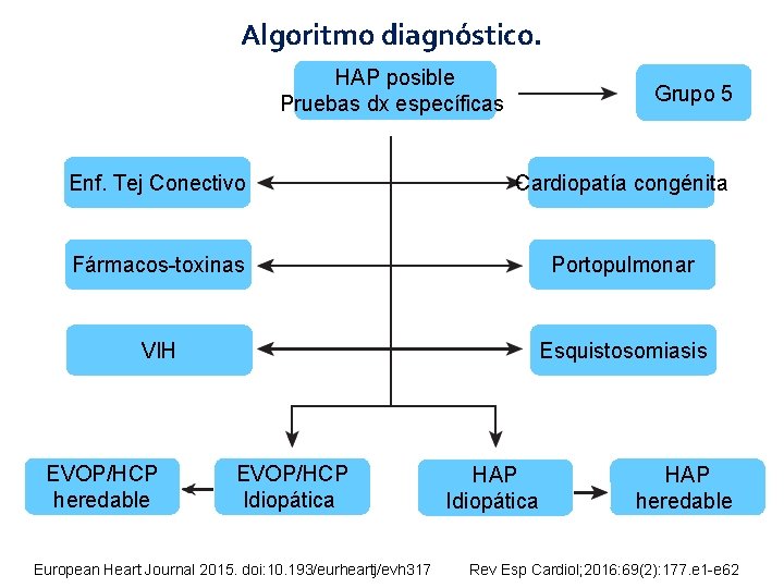 Algoritmo diagnóstico. HAP posible Pruebas dx específicas Grupo 5 Enf. Tej Conectivo Cardiopatía congénita