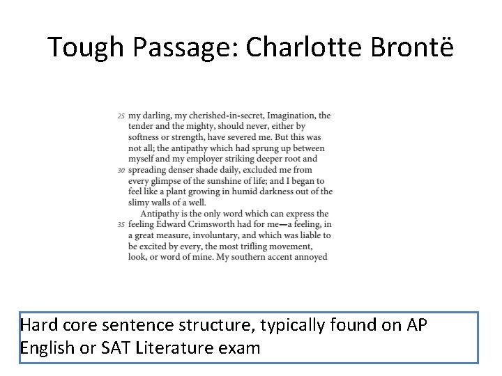 Tough Passage: Charlotte Brontë Hard core sentence structure, typically found on AP English or Tough Passage: Charlotte Brontë Hard core sentence structure, typically found on AP English or