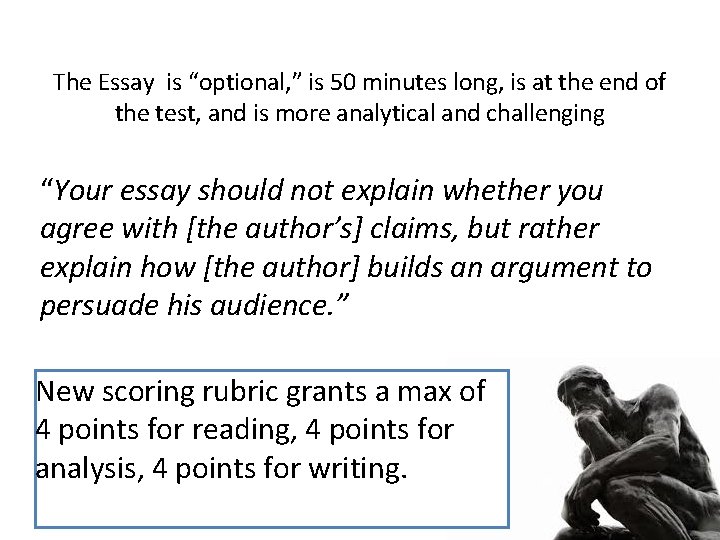 The Essay is “optional, ” is 50 minutes long, is at the end of The Essay is “optional, ” is 50 minutes long, is at the end of