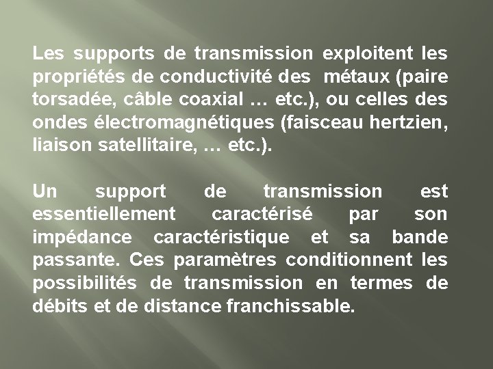 Les supports de transmission exploitent les propriétés de conductivité des métaux (paire torsadée, câble