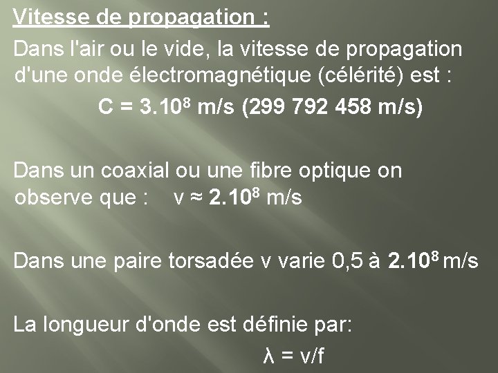 Vitesse de propagation : Dans l'air ou le vide, la vitesse de propagation d'une