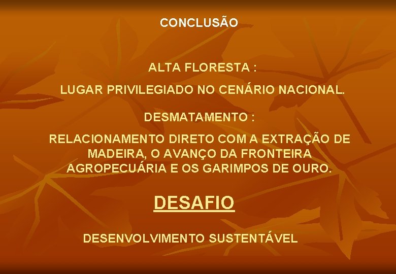 CONCLUSÃO ALTA FLORESTA : LUGAR PRIVILEGIADO NO CENÁRIO NACIONAL. DESMATAMENTO : RELACIONAMENTO DIRETO COM