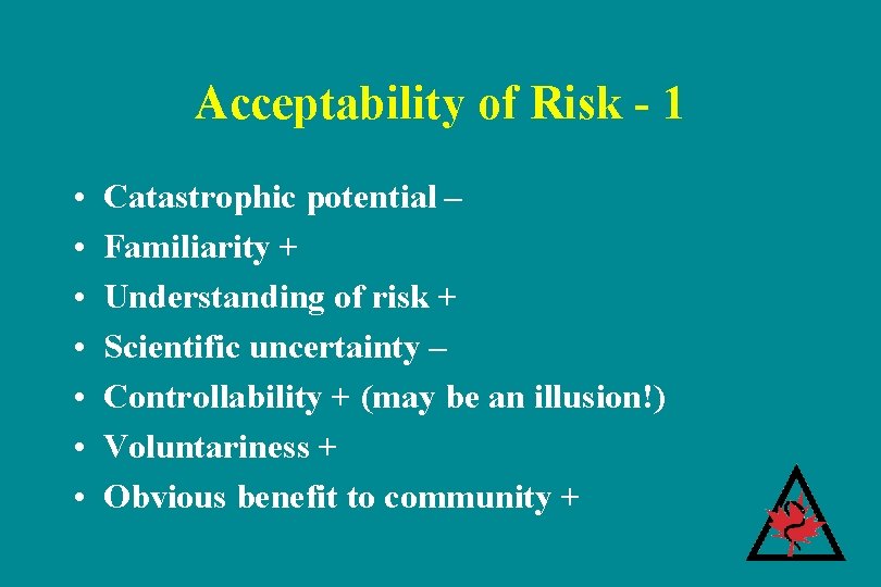 Acceptability of Risk - 1 • • Catastrophic potential – Familiarity + Understanding of Acceptability of Risk - 1 • • Catastrophic potential – Familiarity + Understanding of