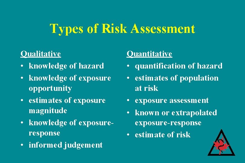 Types of Risk Assessment Qualitative • knowledge of hazard • knowledge of exposure opportunity Types of Risk Assessment Qualitative • knowledge of hazard • knowledge of exposure opportunity