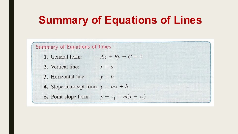 Summary of Equations of Lines 