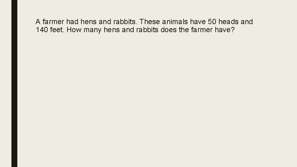 A farmer had hens and rabbits. These animals have 50 heads and 140 feet.