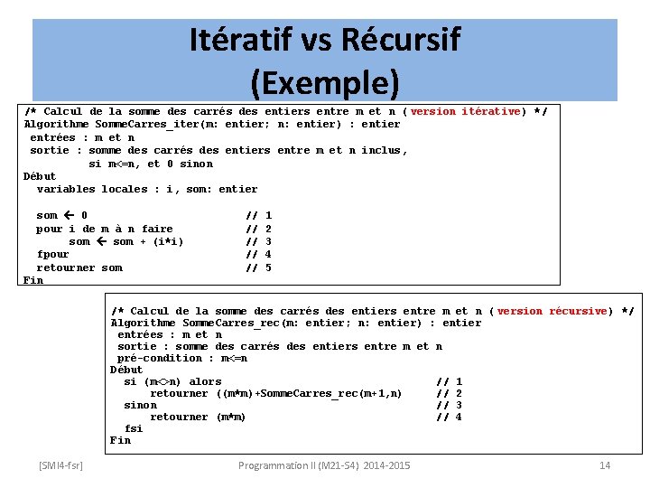 Itératif vs Récursif (Exemple) /* Calcul de la somme des carrés des entiers entre