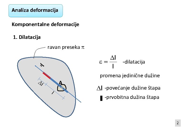 Analiza deformacija Komponentalne deformacije 1. Dilatacija ravan preseka -dilatacija n promena jedinične dužine l