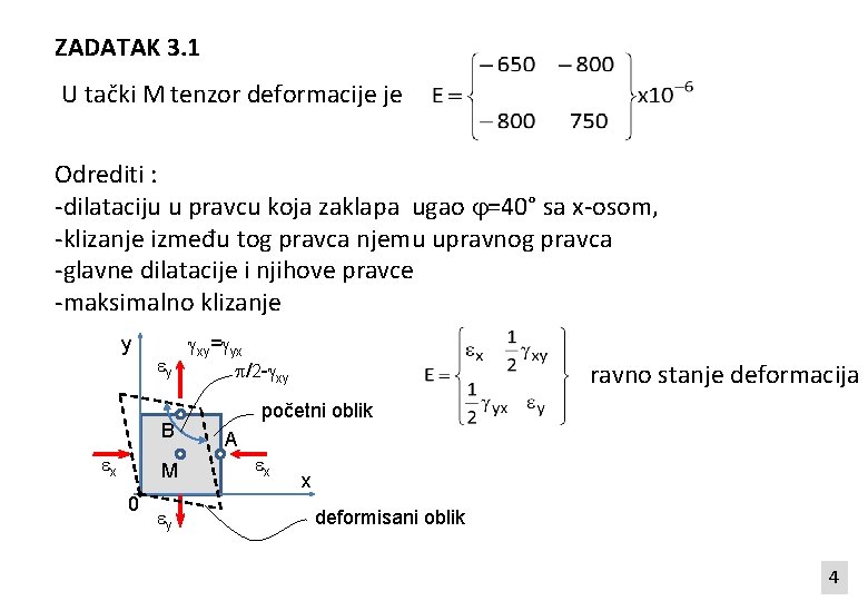 ZADATAK 3. 1 U tački M tenzor deformacije je Odrediti : -dilataciju u pravcu