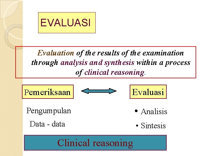 EVALUASI Evaluation of the results of the examination through analysis and synthesis within a