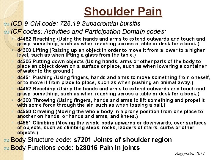 Shoulder Pain ICD-9 -CM code: 726. 19 Subacromial bursitis ICF codes: Activities and Participation