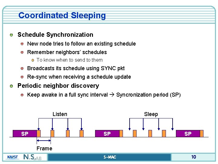 Coordinated Sleeping Schedule Synchronization New node tries to follow an existing schedule Remember neighbors’