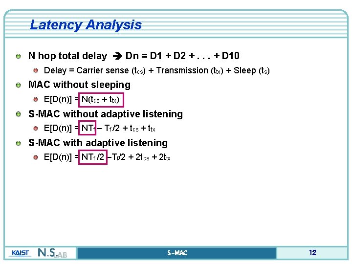 Latency Analysis N hop total delay Dn = D 1 + D 2 +.