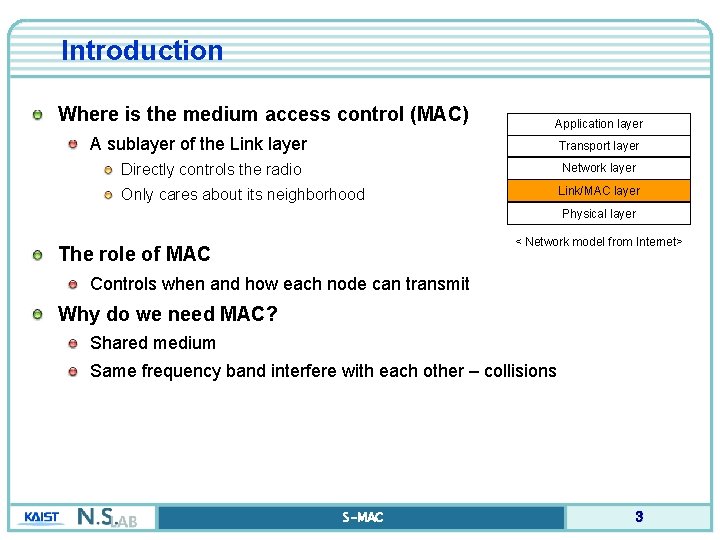 Introduction Where is the medium access control (MAC) Application layer A sublayer of the