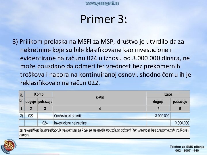 Primer 3: 3) Prilikom prelaska na MSFI za MSP, društvo je utvrdilo da za