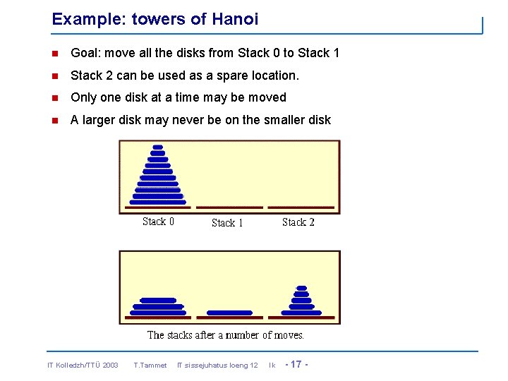 Example: towers of Hanoi n Goal: move all the disks from Stack 0 to