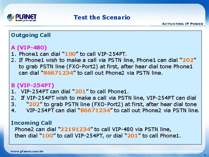 Test the Scenario Outgoing Call A (VIP-480) 1. Phone 1 can dial “ 100”