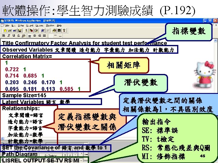 軟體操作: 學生智力測驗成績 (P. 192) 指標變數 Title Confirmatory Factor Analysis for student test performance Observed