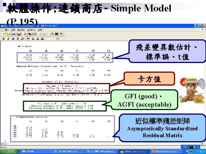 軟體操作: 連鎖商店- Simple Model (P. 195) 殘差變異數估計、 標準誤、t值 卡方值 GFI (good)、 AGFI (acceptable) 近似標準殘差矩陣