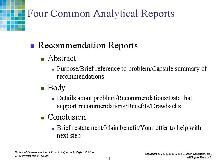 Four Common Analytical Reports n Recommendation Reports n Abstract n n Body n n