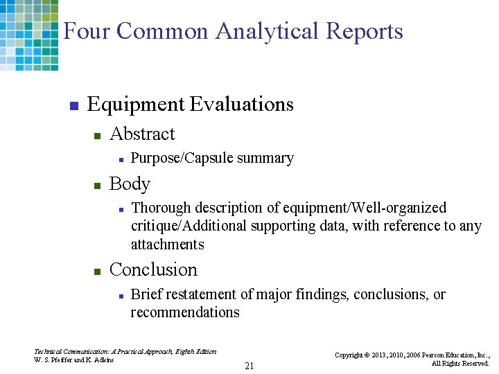 Four Common Analytical Reports n Equipment Evaluations n Abstract n n Body n n
