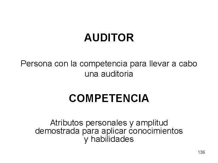 AUDITOR Persona con la competencia para llevar a cabo una auditoria COMPETENCIA Atributos personales