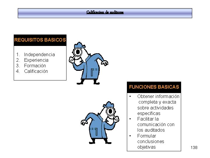 Calificacion de auditores REQUISITOS BASICOS 1. 2. 3. 4. Independencia Experiencia Formación Calificación FUNCIONES